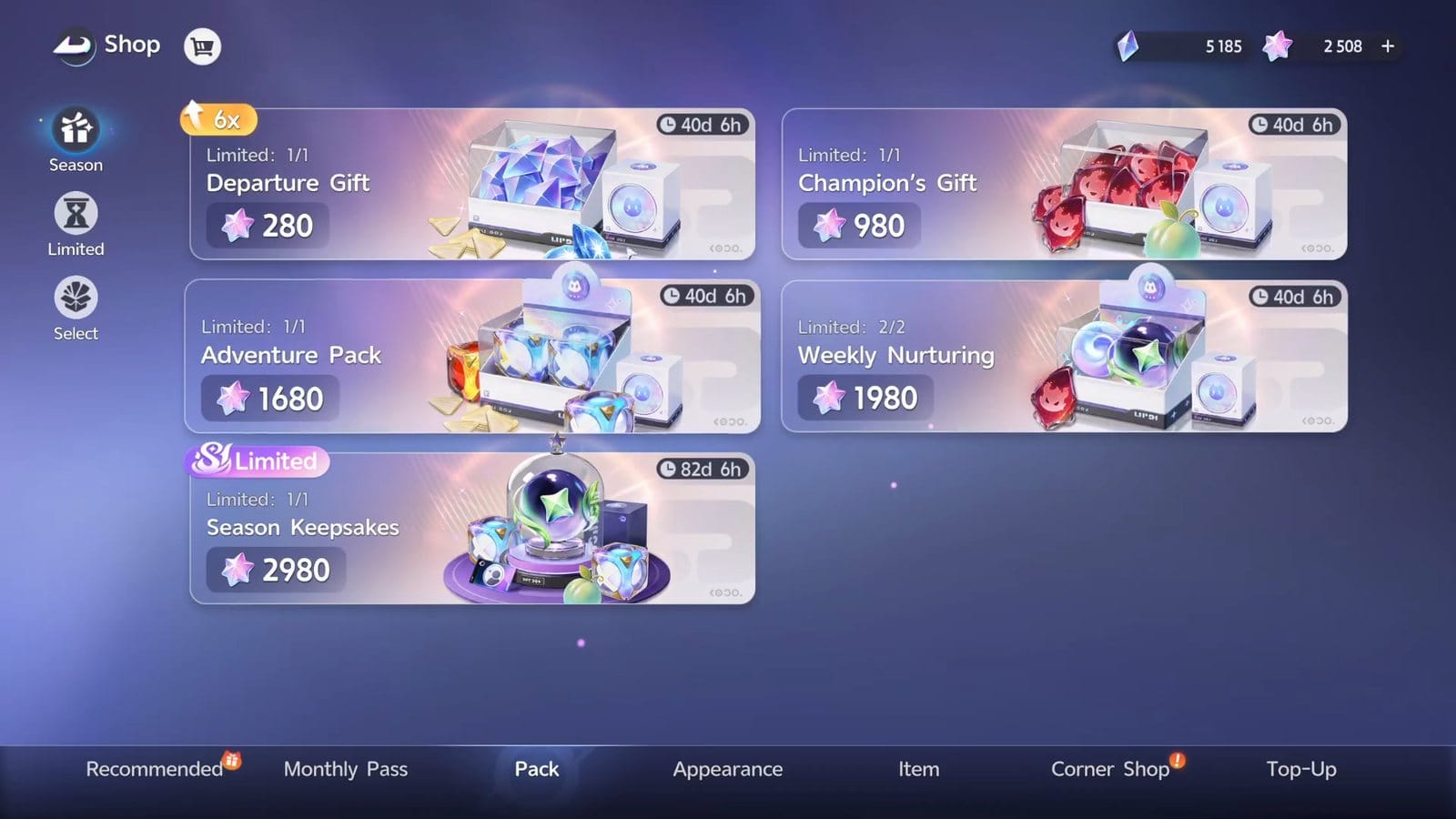 The Pack tab of the Aniimo shop with limited season bundles: Departure Gift 280, Champion’s Gift 980, Adventure Pack 1680, Weekly Nurturing 1980 and Season Keepsakes 2980 Lumin Crystals