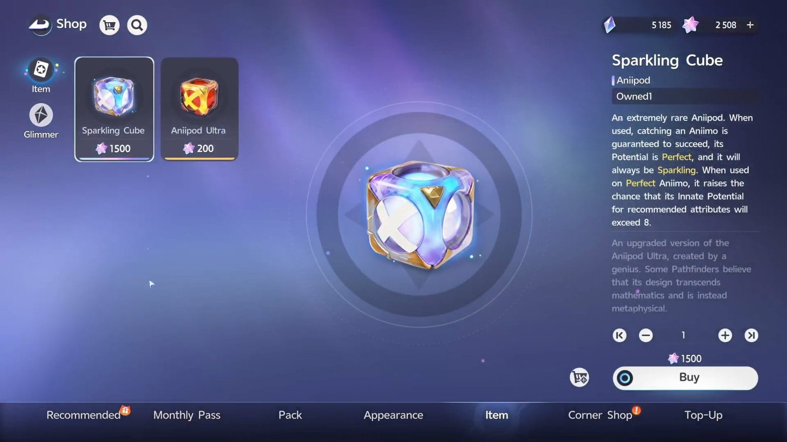 The Item tab of the Aniimo shop with the Sparkling Cube selected at 1,500 Lumin Crystals and the Aniipod Ultra at 200, and the Sparkling Cube description on the right