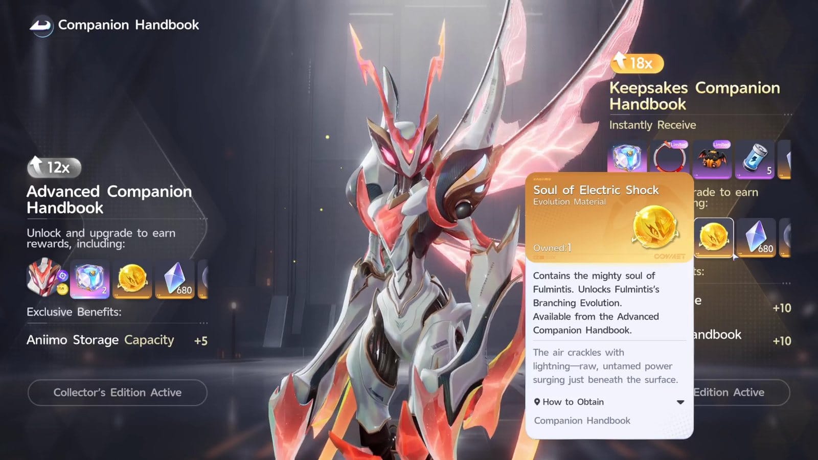 The Companion Handbook screen with Fulmintis, a white and red insect-like Aniimo, in the centre and a tooltip for Soul of Electric Shock: Unlocks Fulmintis’s Branching Evolution. Available from the Advanced Companion Handbook