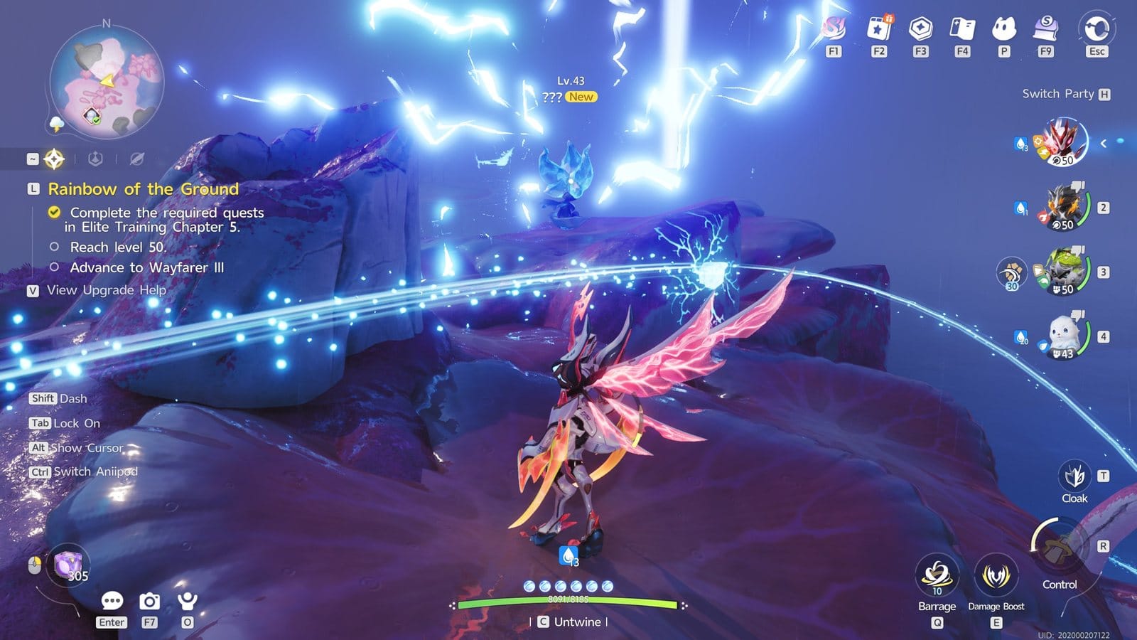 Twined as a winged Aniimo, a Pathfinder faces a new level 43 Aniimo on a rocky ledge at night while lightning strikes around them, with the team on the right and the Untwine prompt at the bottom of the screen