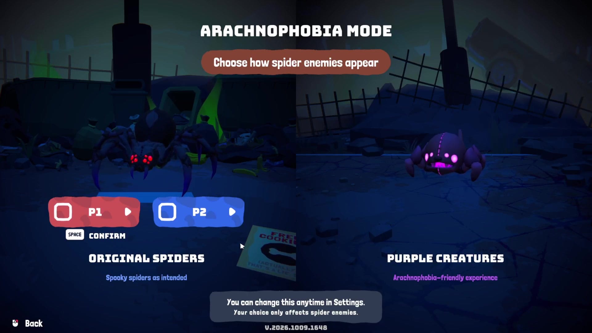 Arachnophobia mode menu comparing original spiders with purple creatures and explaining that only spider enemies are affected