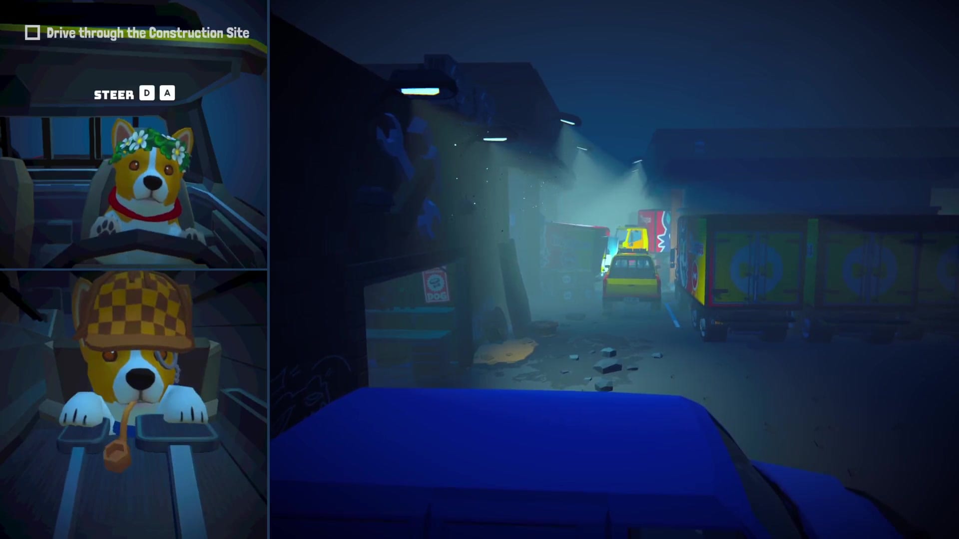 Separate puppy portraits show one at the steering wheel and one operating the pedals while the vehicle moves through the construction site