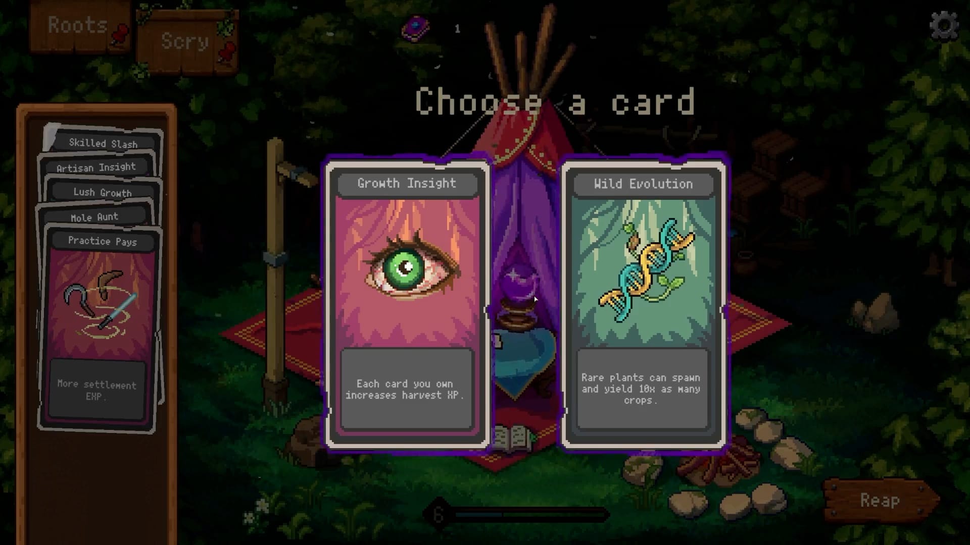 SuperReap offers Growth Insight and Wild Evolution cards, with earlier cards stacked on the left