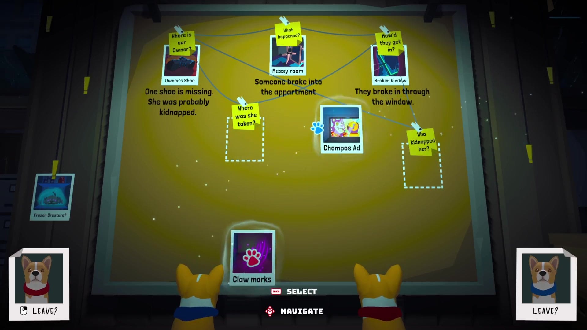 Two corgi puppies facing a yellow clue board containing photographs and linked evidence cards
