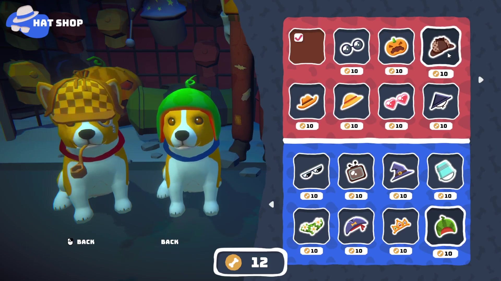 Two puppies wearing hats beside a shop menu with accessories priced in collectible bones