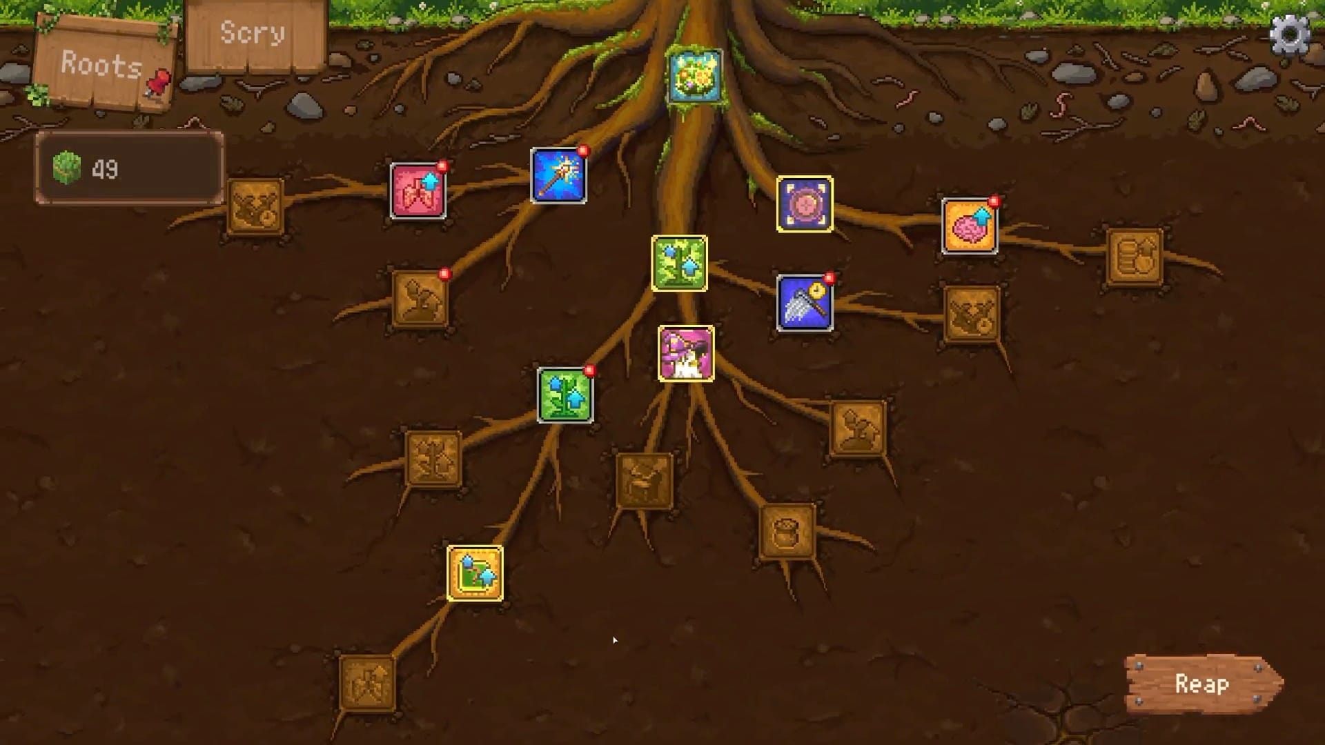 SuperReap skill tree with unlocked nodes branching through the roots