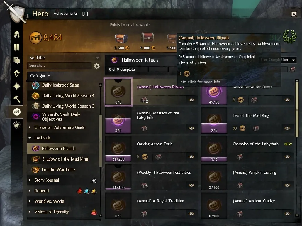 Annual Halloween Rituals in the festival achievements panel.