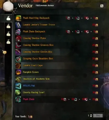 Candy Corn Vendor listing the Plush Mad King Backpack and its material costs.