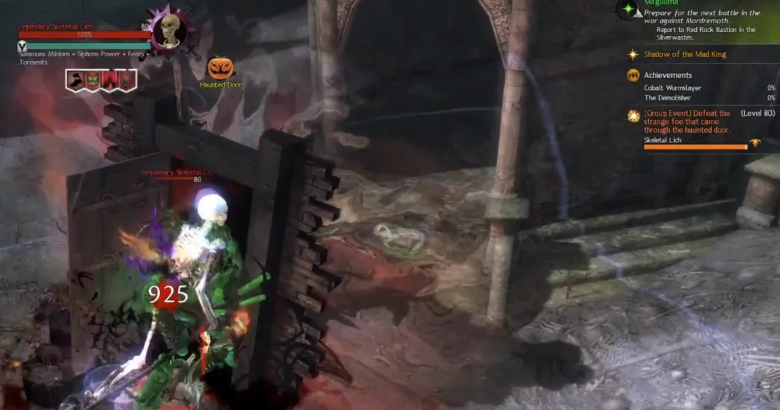 The Legendary Skeletal Lich at a haunted door, with the group event objective visible.