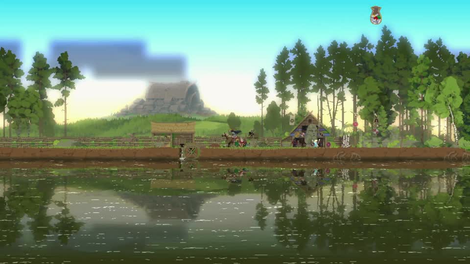 A monarch rides past a Norse settlement and forest beside reflective water.
