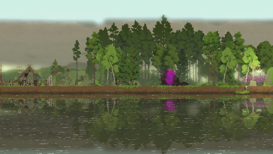 A glowing purple forest portal beside a Norse settlement. Screenshot: Crit Pick.