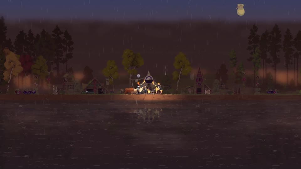 A Norse settlement illuminated by fire during a rainy night.