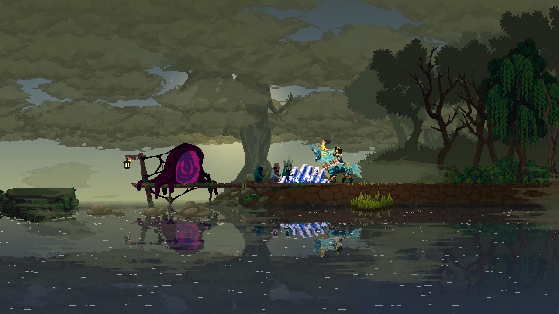 Miriam rides a Golem beside its glowing barrier and a dock portal in Dead Lands. Official gameplay screenshot.