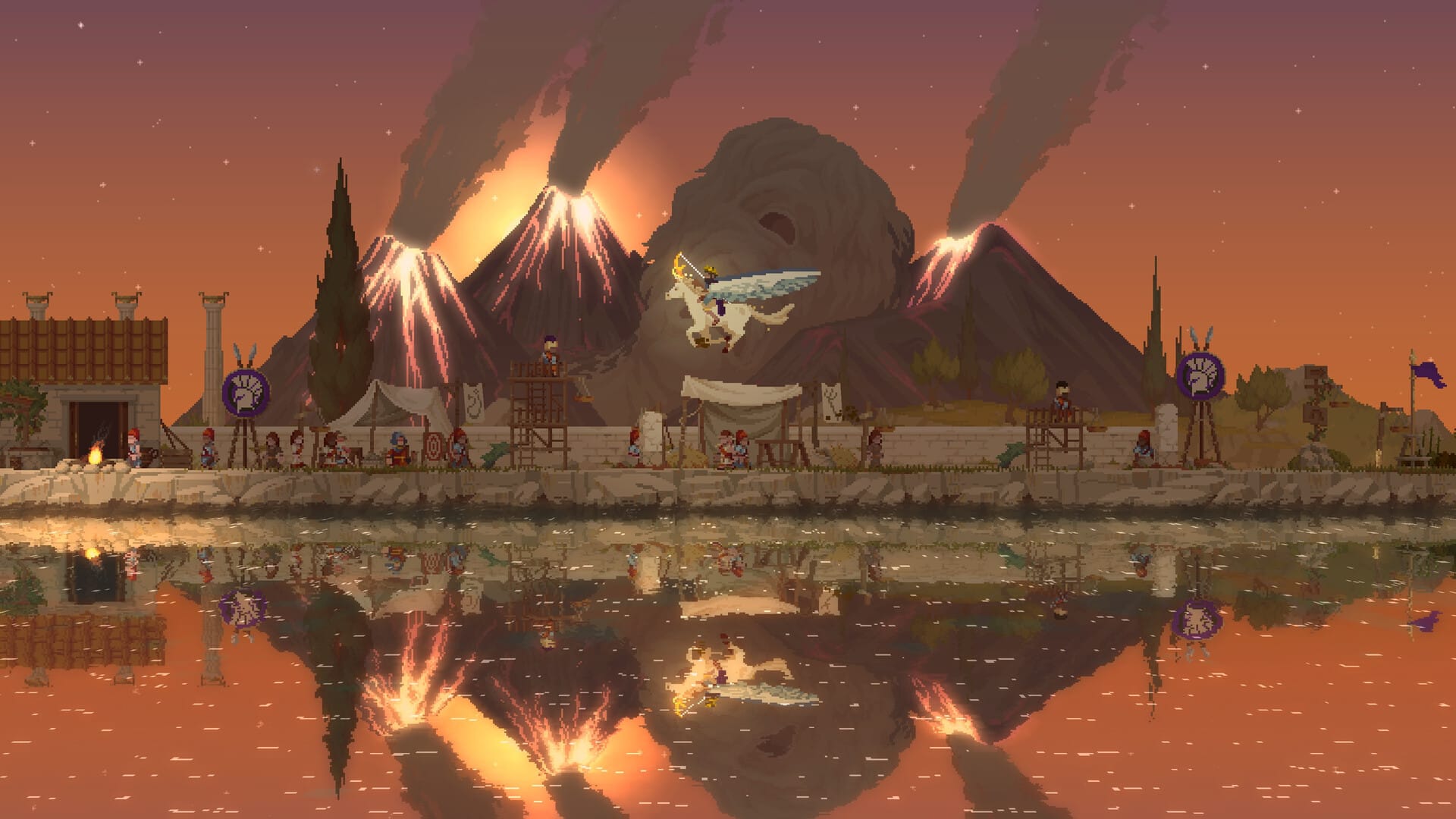 Pegasus flies above a Greek settlement beneath an orange sky and a giant stone face. Official Call of Olympus gameplay screenshot.