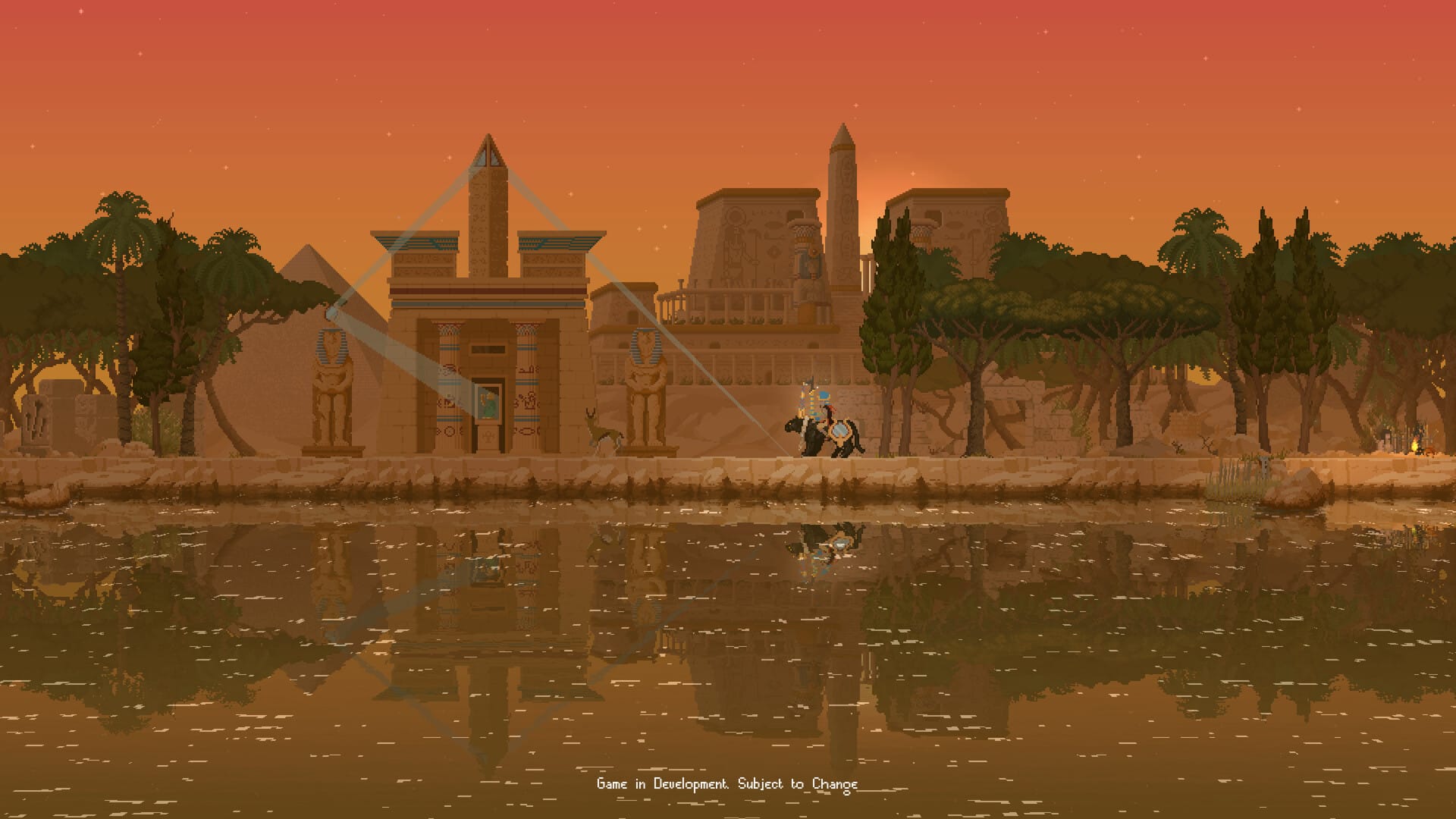 A monarch rides a black cat past an Egyptian temple illuminated by beams of light. Official Pharaoh Lands pre-release screenshot.