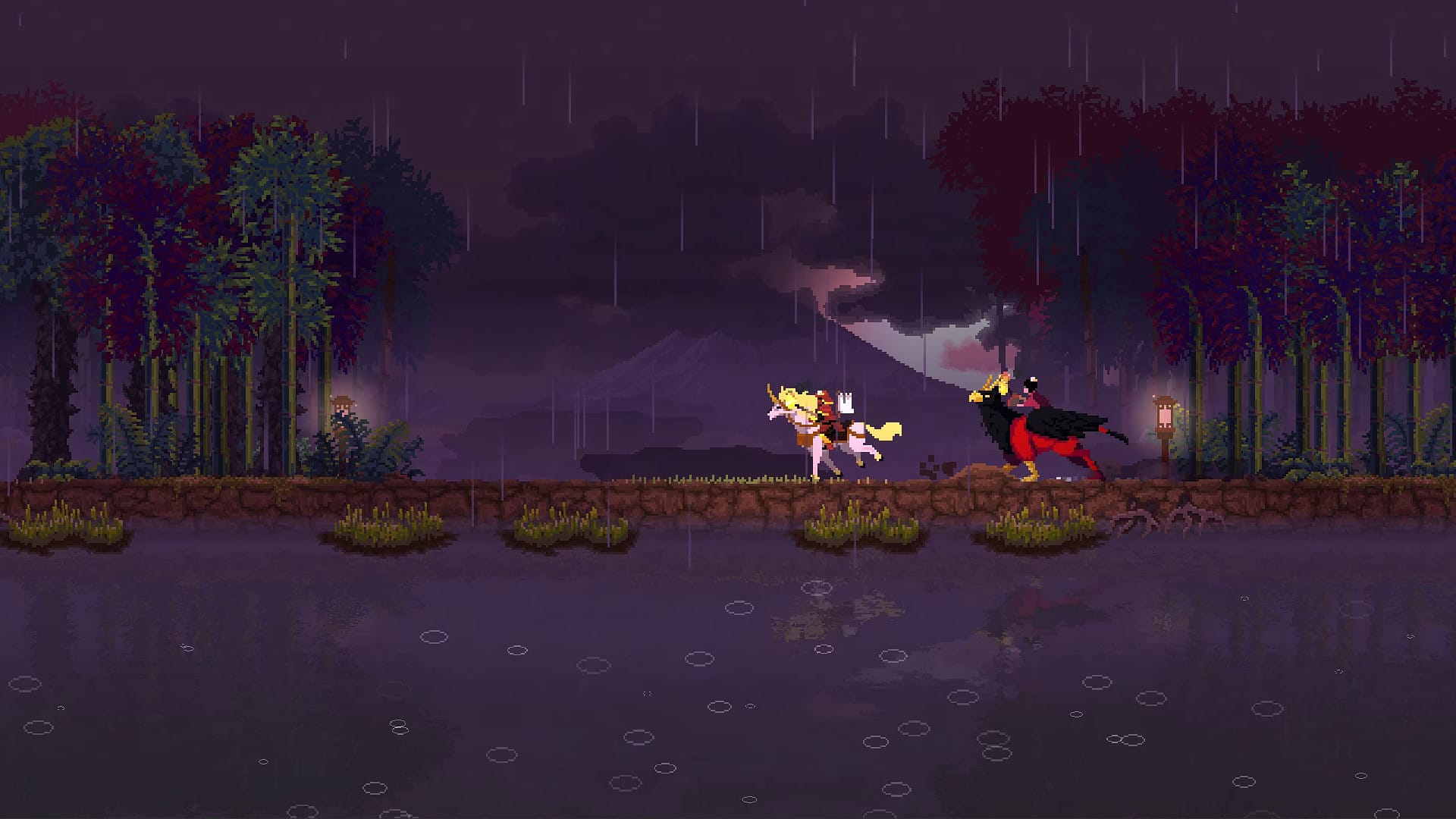 Shogun monarchs ride a Kirin and Griffin through bamboo beside the water. Official gameplay screenshot.