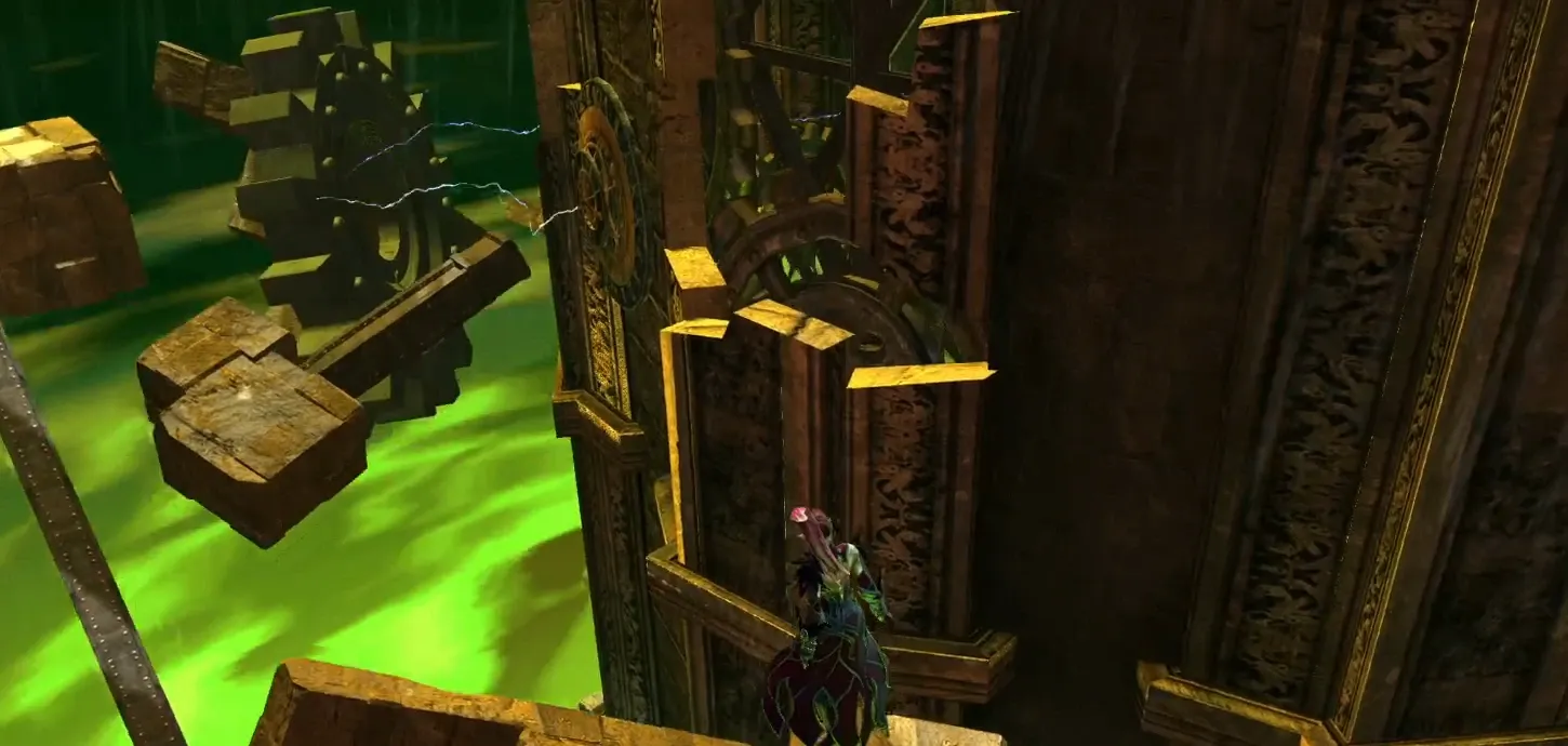 Jumping platforms beside the Stopped Clock Tower above green miasma.