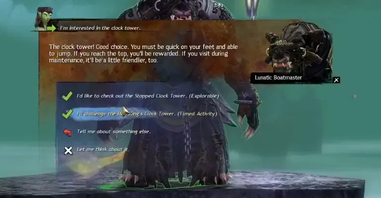 Lunatic Boatmaster dialogue offering the Stopped Clock Tower and the timed Mad King's Clock Tower.