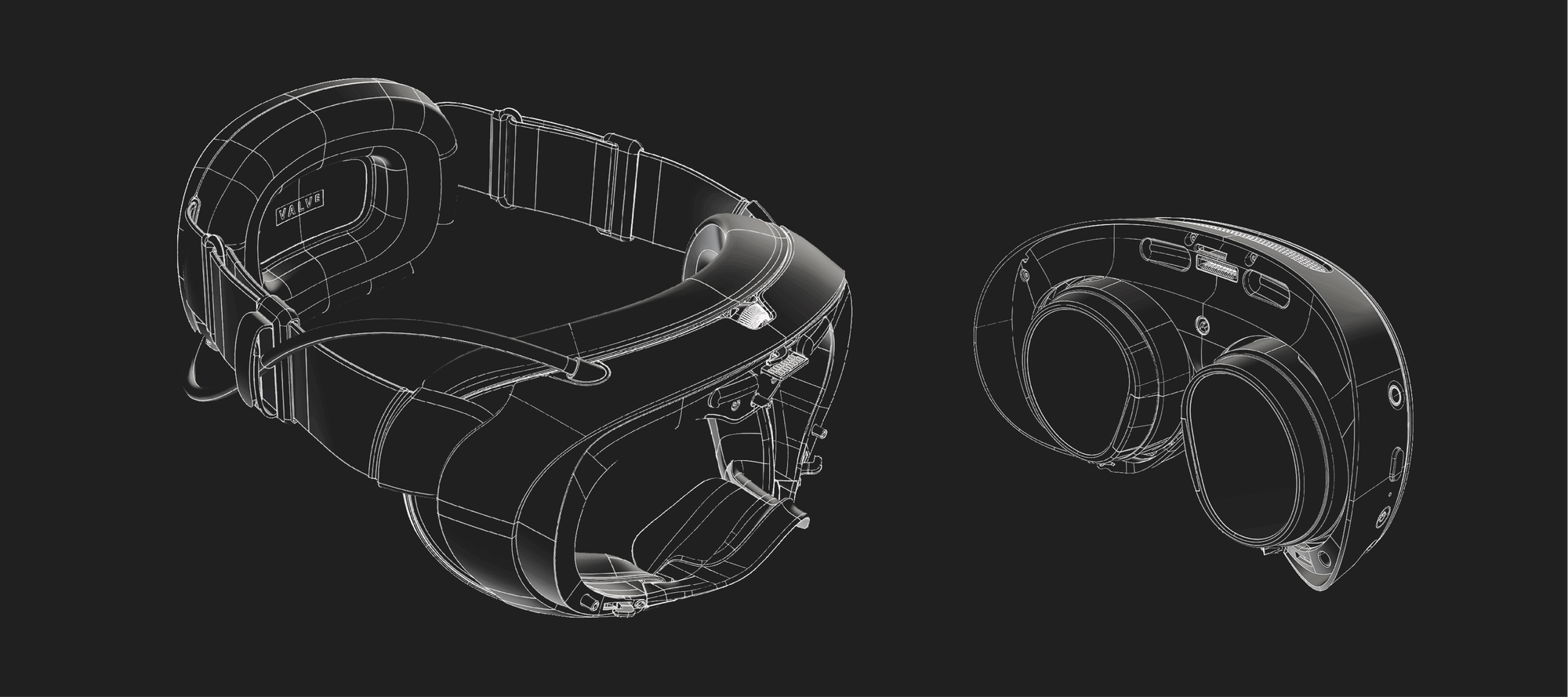 Valve wireframe illustration showing Steam Frame with and without its head strap