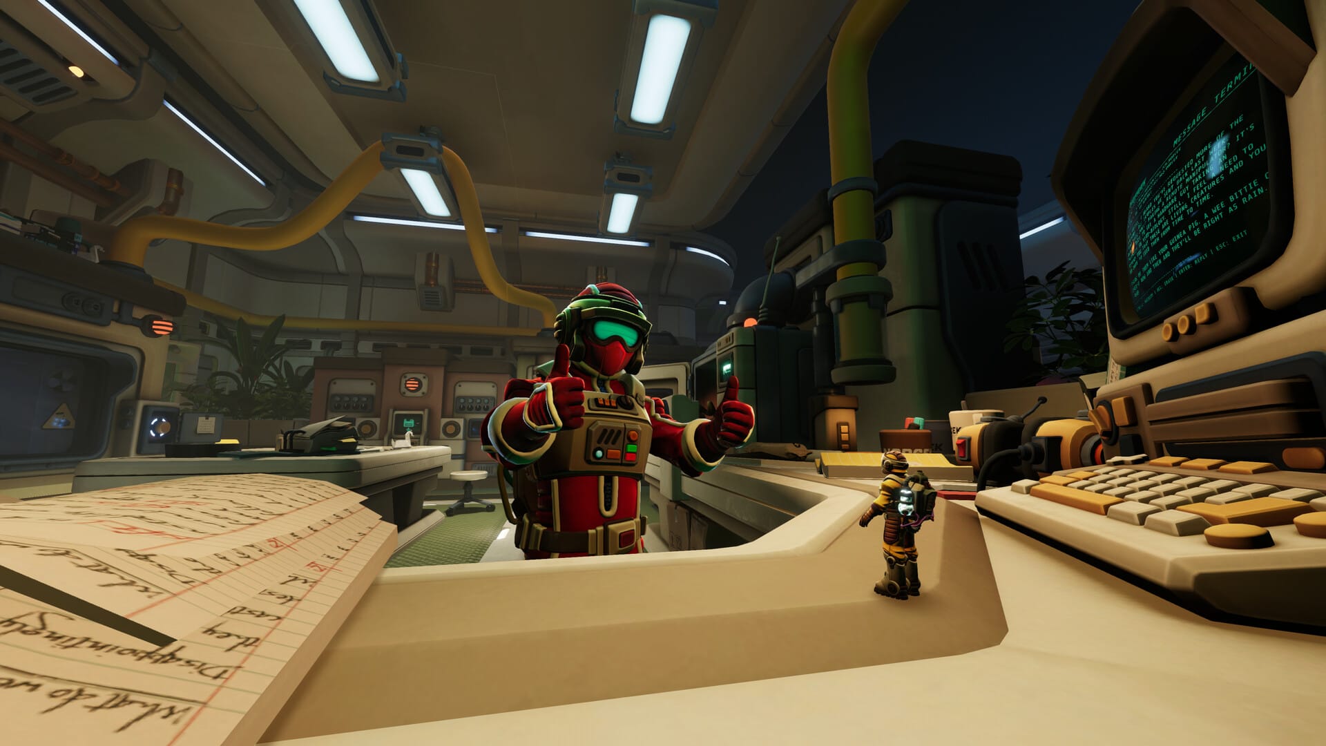 A red-suited explorer gives two thumbs up inside a retro-futuristic station in We Were Here Tomorrow.
