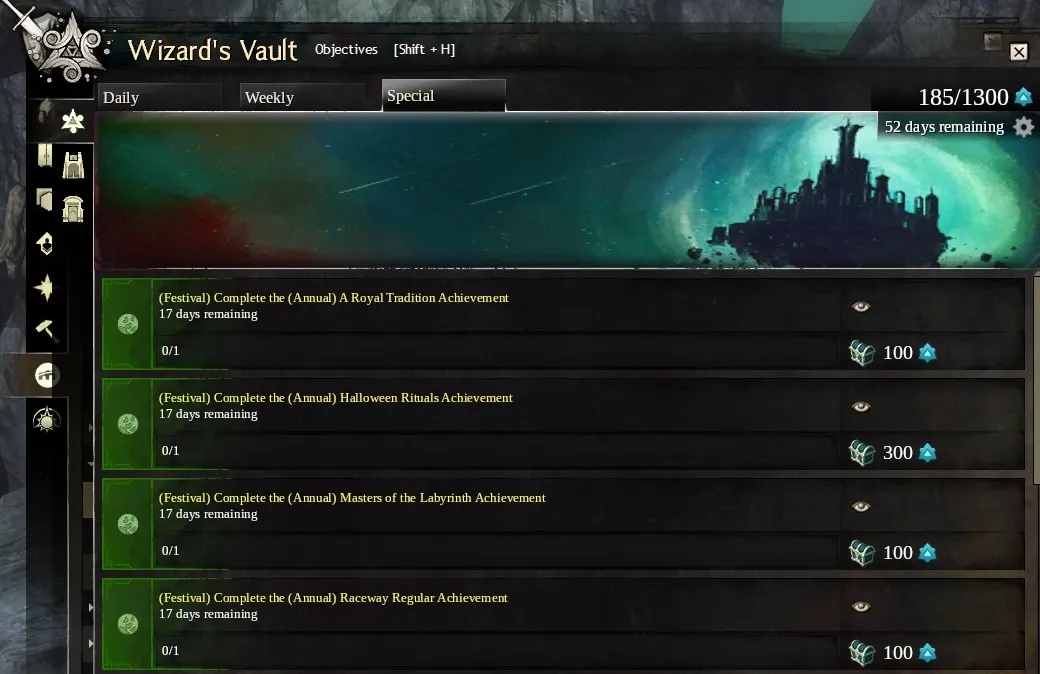 Halloween objectives in the Wizard's Vault Special tab.