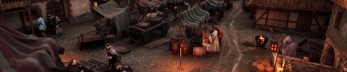 A bustling medieval market street at dusk in The Guild – Europa 1410 — wooden carts, canopied stalls and townsfolk trading by glowing braziers on muddy cobblestones.