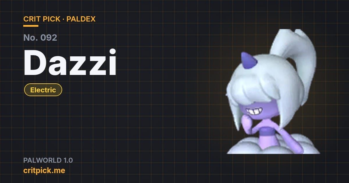 Dazzi title card — Palworld Paldex No. 092 on Crit Pick