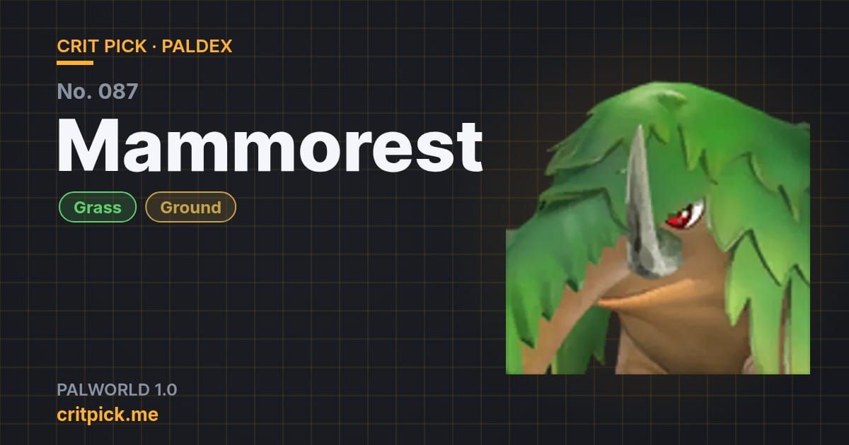 Mammorest title card — Palworld Paldex No. 087 on Crit Pick