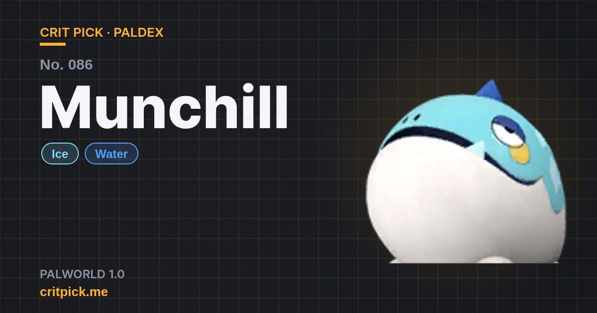 Munchill title card — Palworld Paldex No. 086 on Crit Pick