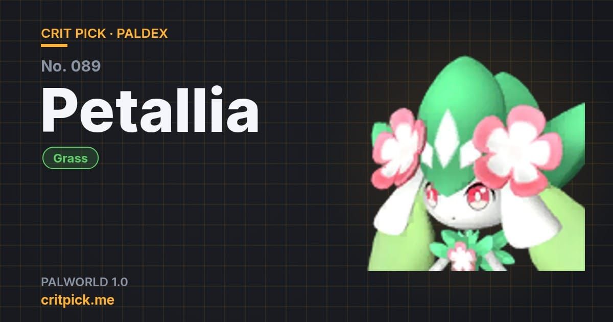Petallia title card — Palworld Paldex No. 089 on Crit Pick