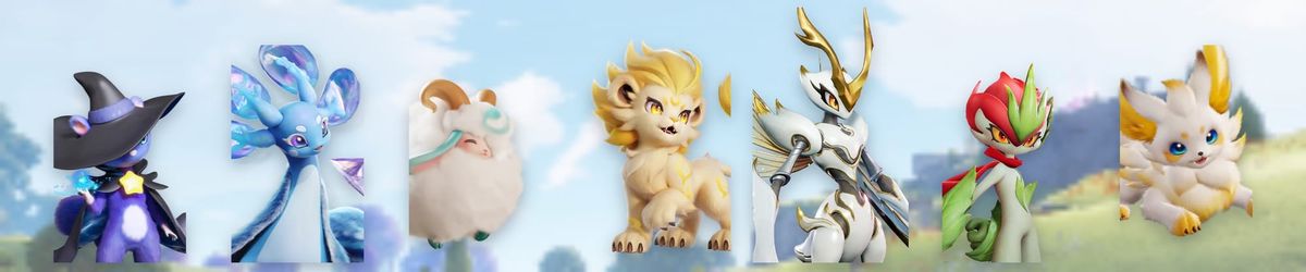 Seven Aniimo from the recommended teams lined up against the sky of Idyll