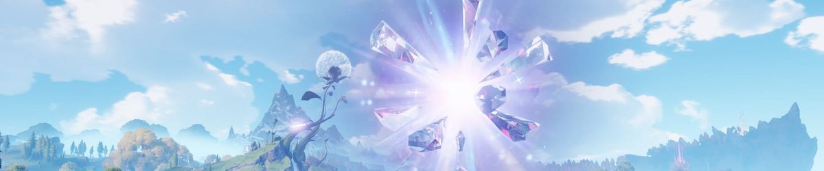 A burst of large pink and white crystals explodes in the sky above a green valley with a giant dandelion tree
