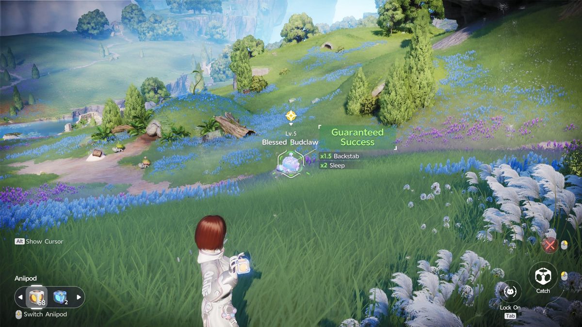 A Pathfinder in an open meadow lining up a throw at a level 5 Blessed Budclaw, with the catch prompt showing Guaranteed Success and bonuses for a backstab and a sleeping target