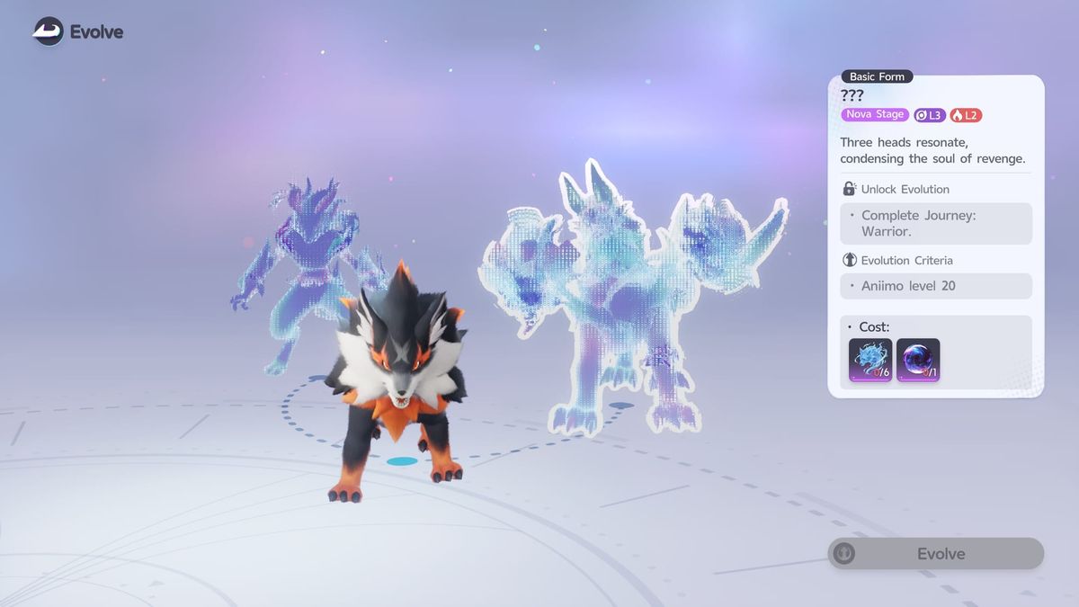 The Aniimo evolve screen for a Flameruff: two branching evolved forms behind it, and a panel listing the unlock task, a level 20 requirement and the materials it costs