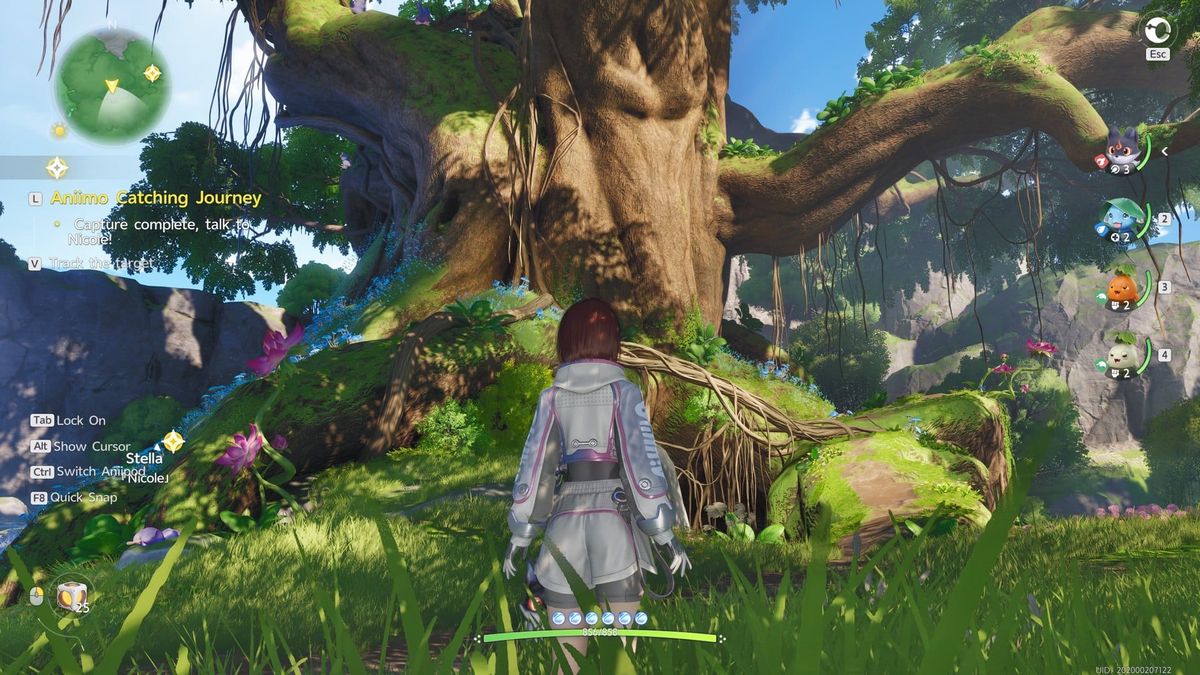 A player character standing under a giant mossy tree in Aniimo, with the minimap, the Aniimo Catching Journey quest tracker and the team of four Aniimo on the right of the screen.