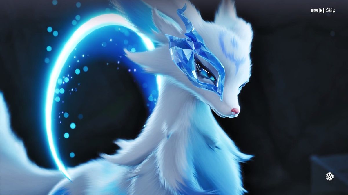 Lunara, one of Aniimo’s two starters, in a close-up cutscene: a white fox-like creature with a crystal mask and a glowing blue ring behind it.