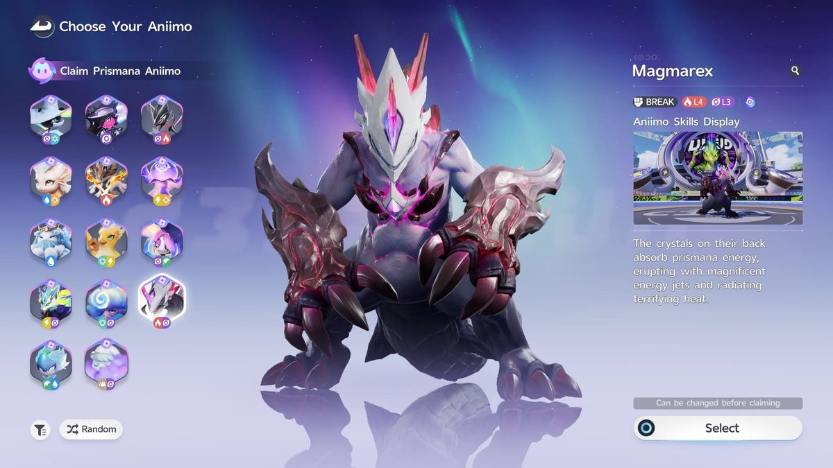 The Choose Your Aniimo screen for a free Prismana, with Magmarex selected: an upright, heavily armoured creature standing on two legs in dark red and purple.