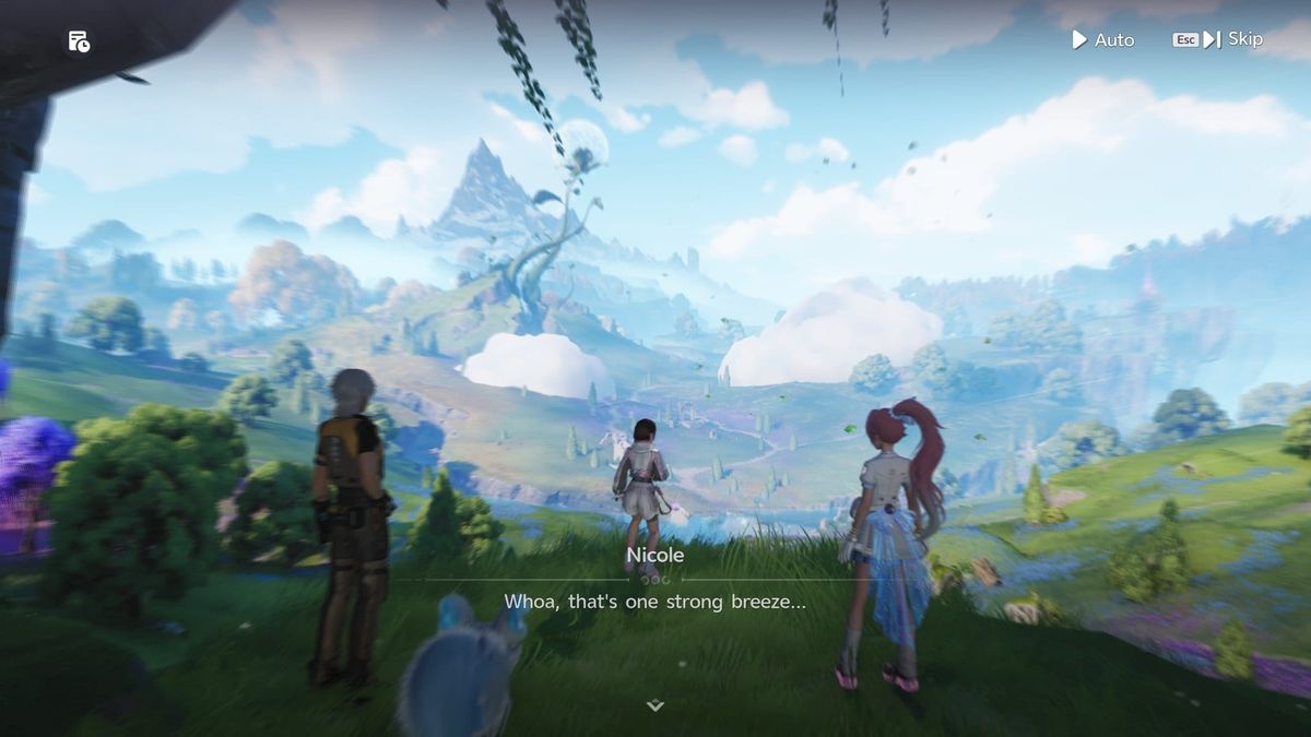 A wide view over rolling green hills and a tall mountain in Aniimo, with the player and two companions looking out over the valley.