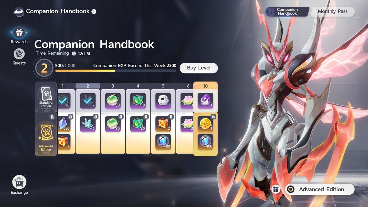 The Companion Handbook screen in Aniimo: level 2 of the track, a Standard Edition row and a locked Advanced Edition row of rewards, with the Monthly Pass tab next to it.