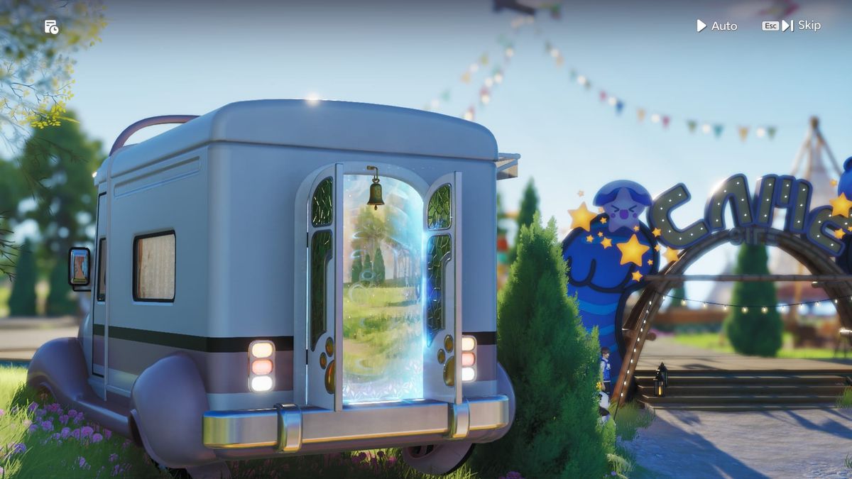 The player’s RV parked at the camp in Aniimo, its back door open onto a glowing portal, with bunting and a camp sign behind it.