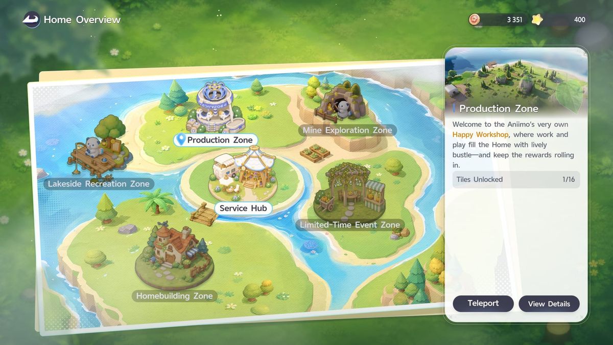 The Home Overview screen in Aniimo showing an island map split into Production, Homebuilding, Mine Exploration, Lakeside Recreation and Limited-Time Event zones.