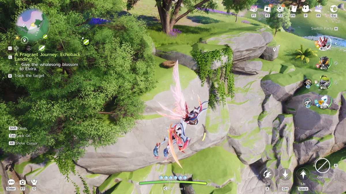 The player twined with a winged Aniimo, gliding over mossy cliffs and trees in Aniimo, with the party of four on the right of the screen.