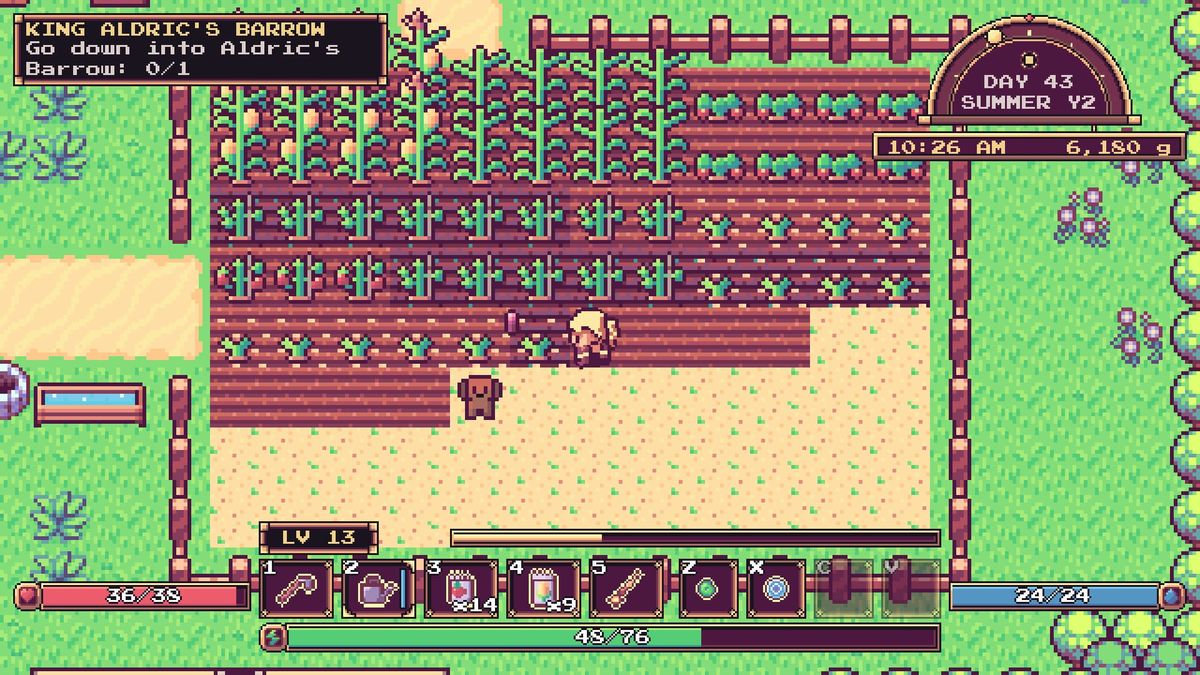 Rows of crops growing on the family farm in the Sword & Soil demo.