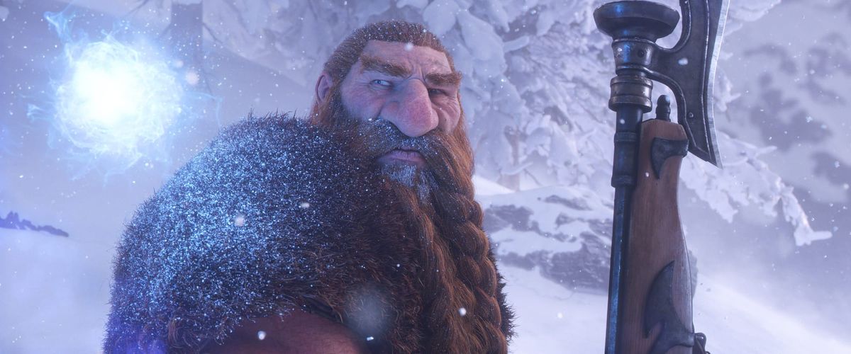 A dwarf carrying an axe in a snowy forest in the official WoW Forever cinematic.