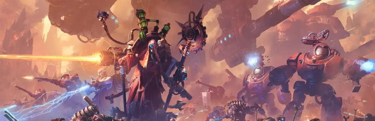 Official Dawn of War IV Adeptus Mechanicus artwork featuring a Tech-Priest and mechanical forces.