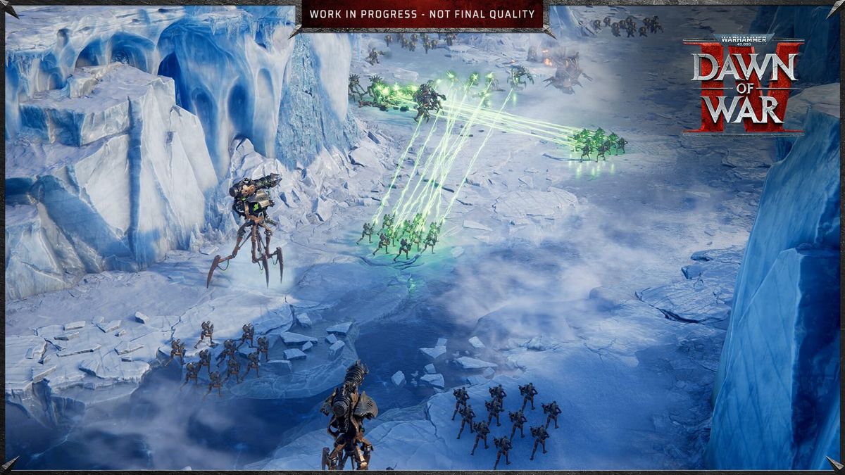 Necron forces and green energy effects on the battlefield in an official Dawn of War IV pre-release screenshot.