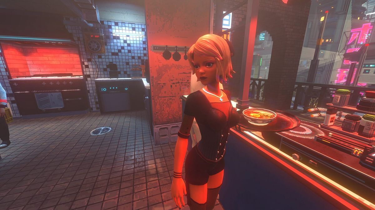 A server holds a tray with a bowl of noodles in a Nivalis Nights kitchen.