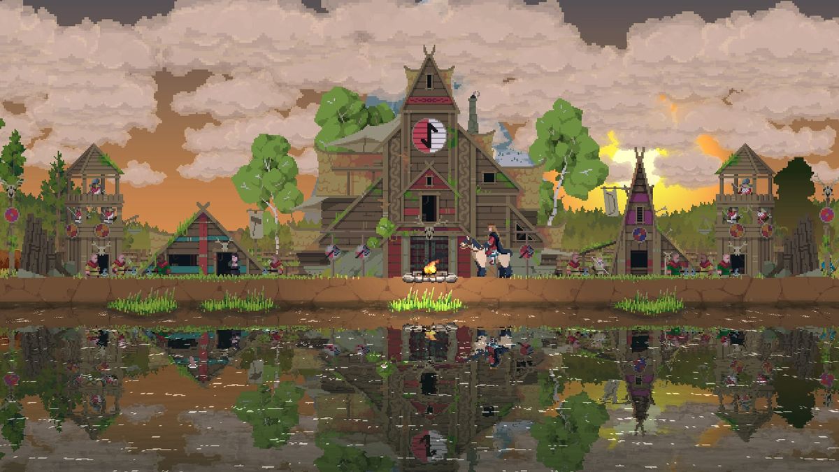 A mounted monarch beside a wooden Norse settlement and defence towers at sunset. Official Norse Lands gameplay screenshot.