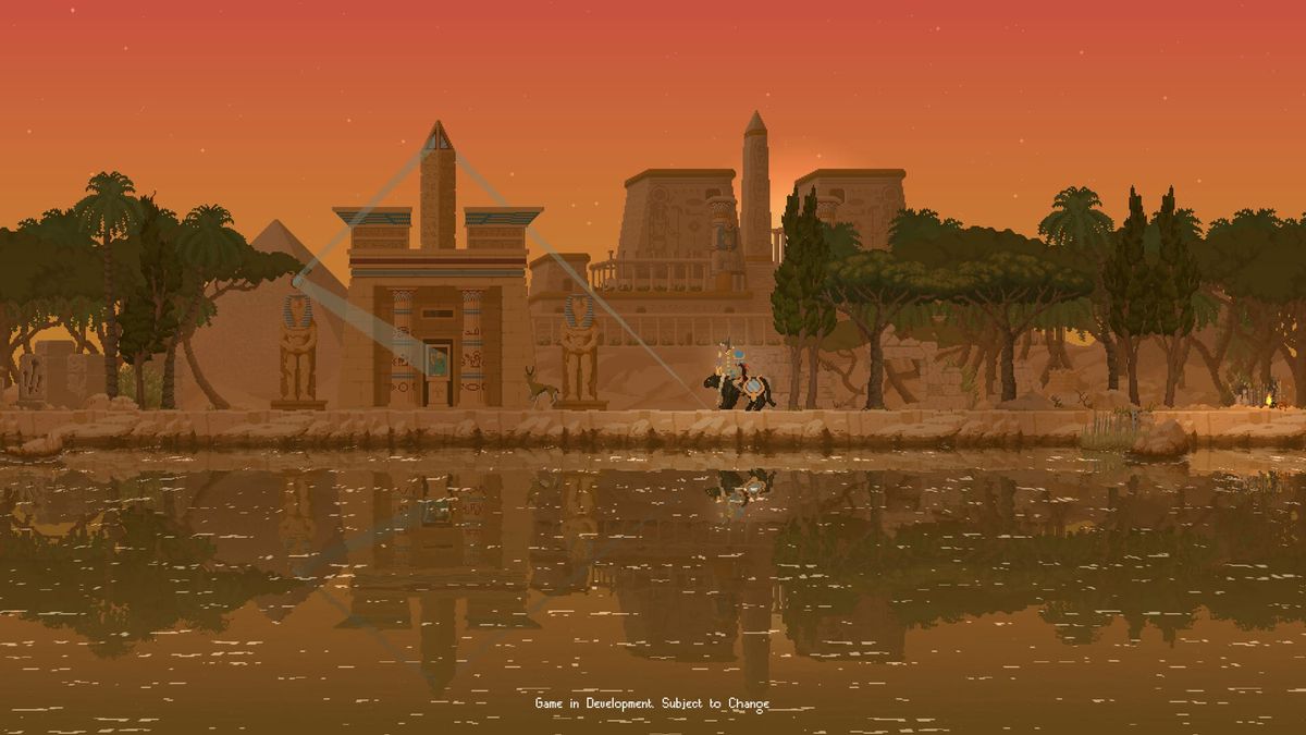 A monarch rides a black cat past an Egyptian temple illuminated by beams of light. Official Pharaoh Lands pre-release screenshot.