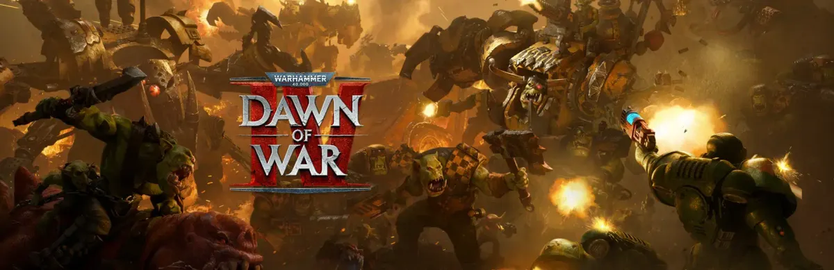 Official Dawn of War IV Ork artwork showing an advancing mob, a Squig and heavily armed war machines.